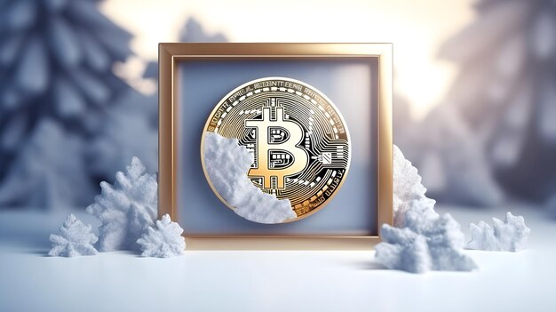 Winter-Hintergrund Bitcoins Rahmenkunst mit Platz für Text Hintergrundbild KI generiert