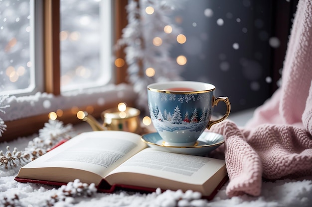 Winter-Hintergrund Tee-Tasse-Buch-Sweater und Winter-Eisfenster gemütliche Stimmung Zuhause Komfort im schneebedeckten kalten Wetter festliche Wintersaison Weihnachten Neujahrsfeiertage Kopierraum