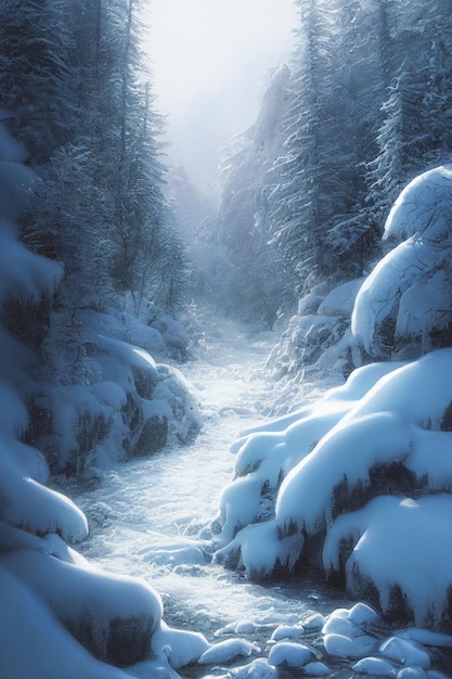 Winter im Wald mit schneebedeckten Bäumen und einer spektakulären Berglandschaft, die im Sonnenlicht glüht