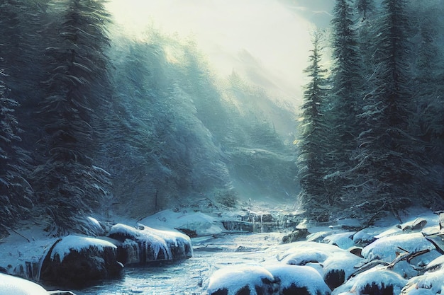 Winter im Wald mit schneebedeckten Bäumen und einer spektakulären Berglandschaft, die im Sonnenlicht glüht