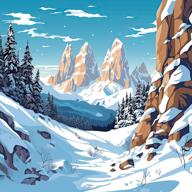 Winter in den Bergen der italienischen Dolomiten Cartoon verschneite Berglandschaft Generative KI