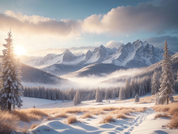 Winter in den Bergen Tanne Fichte im Schnee Morgen im Winter ein bewaldetes Gebiet bei Sonnenaufgang Morgen in den Strahlen