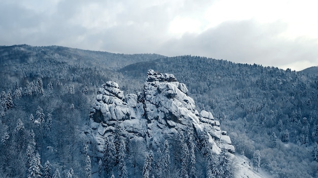 Winter in den Karpaten. Luftaufnahme aus großer Höhe.