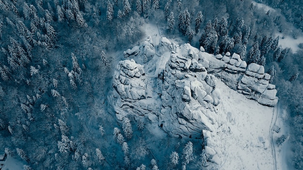 Winter in den Karpaten. Luftaufnahme aus großer Höhe.