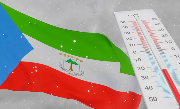 Winter in Äquatorialguinea mit starker Kälte negative Temperatur Kalte Jahreszeit in Äquatorialguinea grausamstes kältestes Wetter in Äquatorialguinea Flagge Äquatorialguinea mit Thermometer 3D-Arbeit