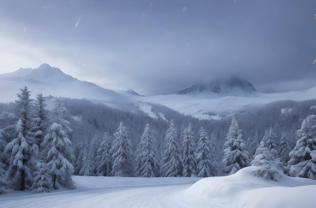 Foto winter-kiefernwald mit schnee und himmel und sternen in der nacht