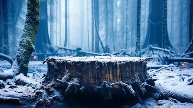 Winter Magic, ein Präsentationspodium für gefrorene Stump-Produkte in einem ruhigen Winterwald