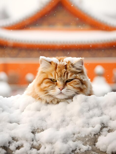 Winter Majesty Eine Katze im alten roten kaiserlichen Schloss von Peking