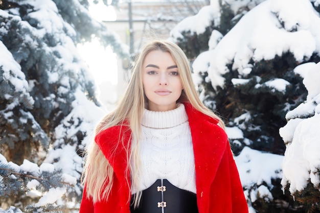 Winter, Mode, Menschen Konzept - Mode Porträt einer schönen jungen Frau Spaziergänge durch die Stadt lächelnd roten Pelzmantel close-up Schneeflocken kalten Winter, frische Luft am Frost Wintertag atmen. Sonnenuntergang