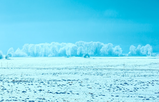 Winter neblige Landschaft mit Holzschuppen (Österreich).