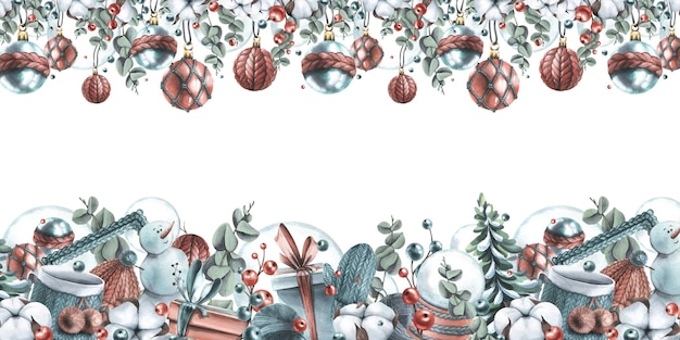 Foto winter neujahr weihnachten nahtlose bordüre mit schneemann gestrickte dinge baumwolle weihnachtskugeln spielzeug geschenke aquarell-illustration handgezeichnet auf weißem hintergrund