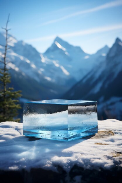Winter-Produkt-Vision-Fotoset Leeres Podium inmitten von Schnee, Eis und Gebirgs schönheit