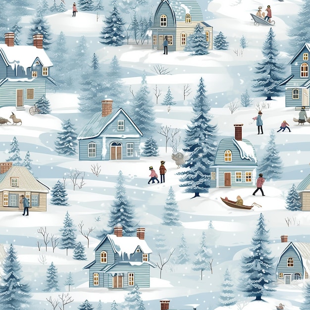 Winter's Embrace Seamless Village Scene Schneebliss amp Nostalgischer Charme Digitale Papierkunst