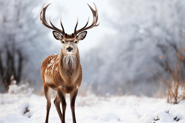 Winter Schönheit ein majestätisches Hirsch gegen einen schneeblauen Hintergrund