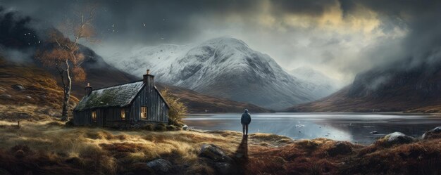 Winter Schottland oder Norwegen Hügel an nebligen Tagen Neblige Berge und Regenwetter dramatischer Himmel im schottischen Hochland breites Banner