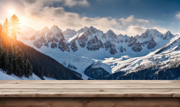 Foto winter-serenität leerer holztisch mit schneebedeckter bergkulisse