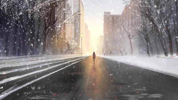 Winter Street Illustration arte digital desenhada à mão, pintura digital