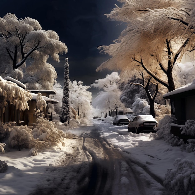 Winter-Szene mit Schnee bedeckten Straßen und Bäumen 3d-Rendering