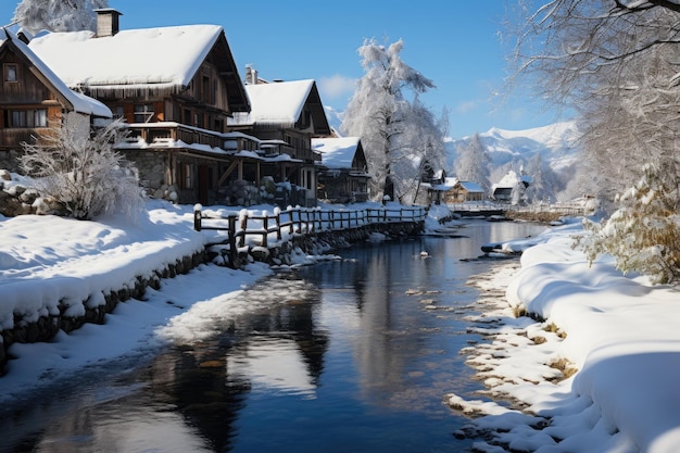 Winter Village Casas de nieve arroyo congelado pintoresco puente y cielo estrellado generativo IA