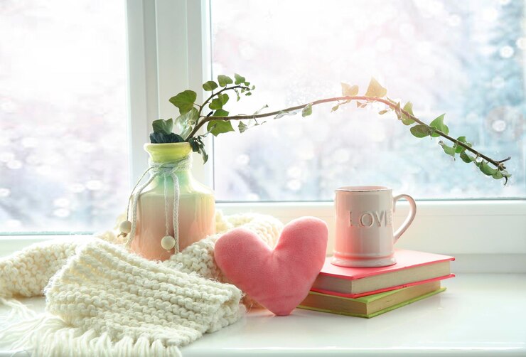 Foto winter warme romantische freizeit tasse tee auf der fensterbank weihnachts komfort kaltes wetter kaffee tasse winterzeit valentinstag
