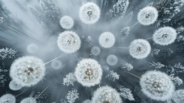 Winter Whisper Uma exibição etérea de sementes de dente-de-leão contra um fundo gelado evocando a beleza serena e delicada da natureza no inverno capturada em um estado de sonho