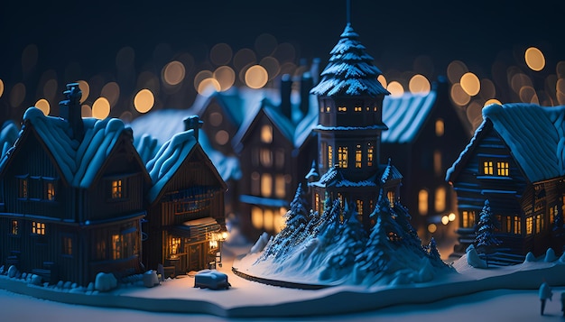 Winter Wonderland Diorama Tiny Wooden City at Night