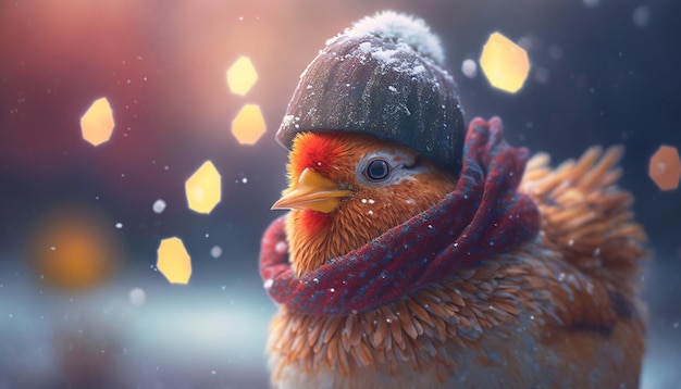 Winter Wonderland Ein lustiges Huhn mit Schal und Mütze im Schnee