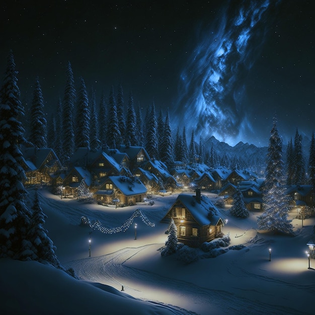 Winter Wonderland Ein magisches Weihnachtsdorf unter einem funkelnden Nachthimmel