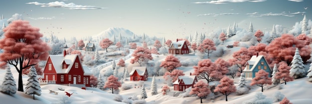 Winter Wonderland Village, sehr detaillierte Illustration eines verschneiten Dorfes in Rot und Weiß
