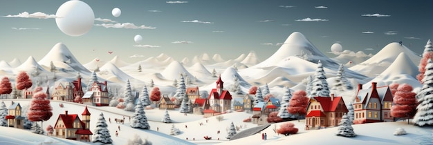 Winter Wonderland Village, sehr detaillierte Illustration eines verschneiten Dorfes in Rot und Weiß