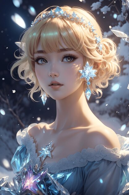 Winter Wonderland Wunderschöne blonde koreanische Prinzessin im blauen Kristallkleid