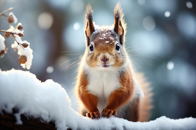 Winter-Wunder- Eichhörnchen auf einem schneebedeckten Hintergrund mit offenem Raum