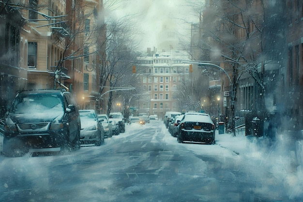 Winter-Wunderland in einer städtischen Umgebung schneebedeckte Autos und Straßen eine ruhige Stadtlandschaft mitten in einem Schneesturm perfekt für saisonale Themen KI