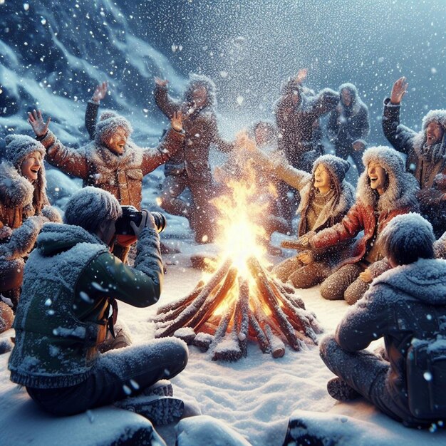 Foto winter-wundertanz, ausdruck reiner freude bei einem lagerfeuer auf den glitzernden eisigen gipfeln.