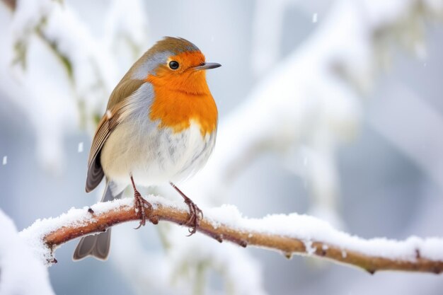Winter39s Schönheit gefangen in einem Bild von einem Robin sitzt auf einem schneebedeckten Zweig während der Weihnachten