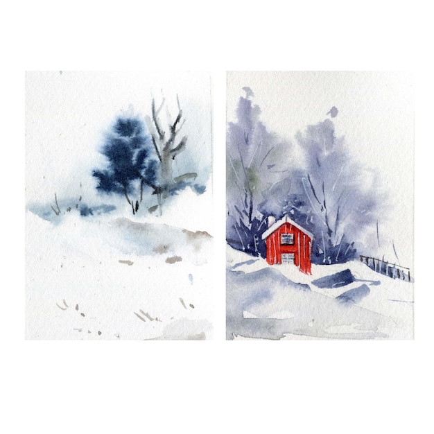 Foto winteraquarelllandschaften eingestellt, winterwald, nebliger wald, aquarellgebirgshintergrund, schneebedeckt