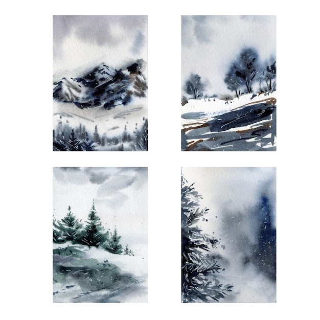 Foto winteraquarelllandschaften eingestellt, winterwald, nebliger wald, aquarellgebirgshintergrund, schneebedeckt