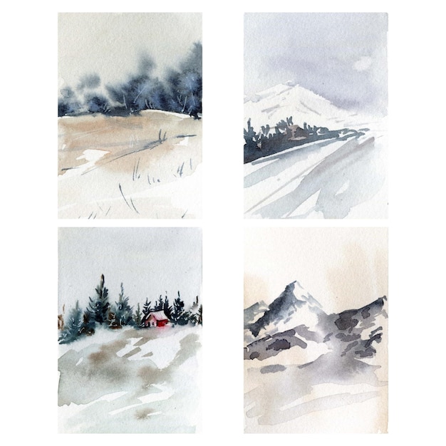 Winteraquarelllandschaften eingestellt, Winterwald, nebliger Wald, Aquarellgebirgshintergrund