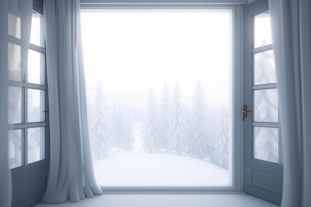 Winterbild durch ein Fenster in einem kargen, unfruchtbaren Raum. Skandinavisch inspiriertes Innenarchitektur