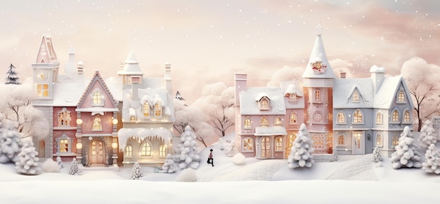 Winterdorf mit schneebedeckten Häusern, Weihnachts- und Neujahrshintergrund