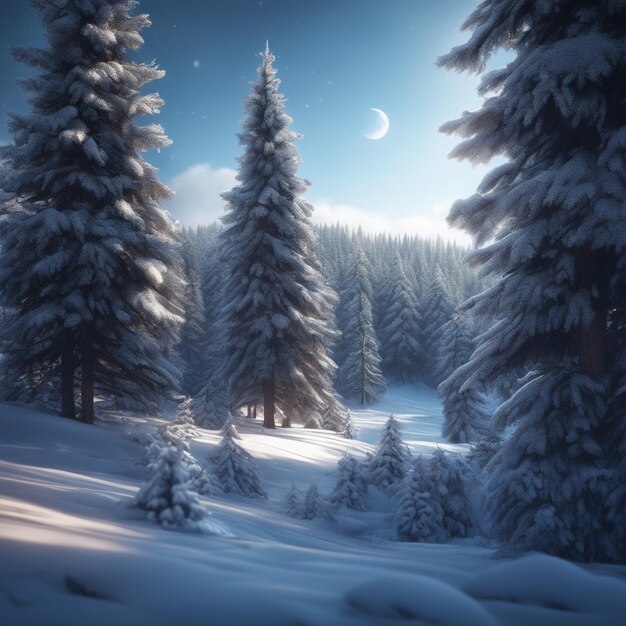 Winterdunkler Wald, verschneite Landschaft mit Tannenbäumen, Winterhintergrund