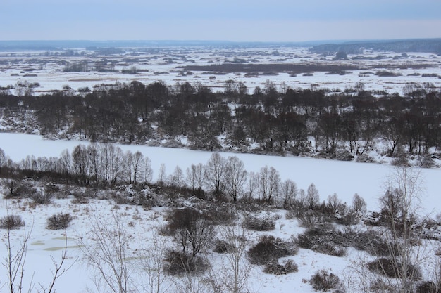 Winterfeld gefrorener weißer Fluss und Wald im Hintergrund