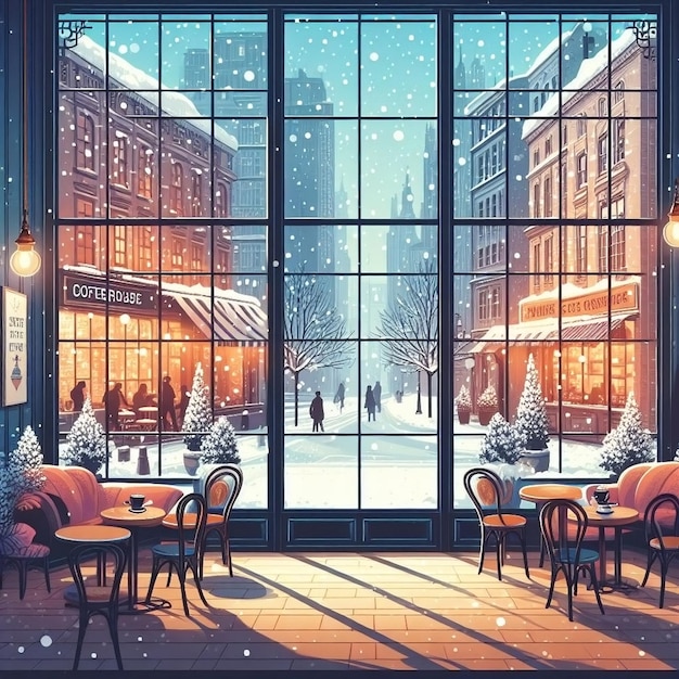 Winterfenster des Cafés Schnee