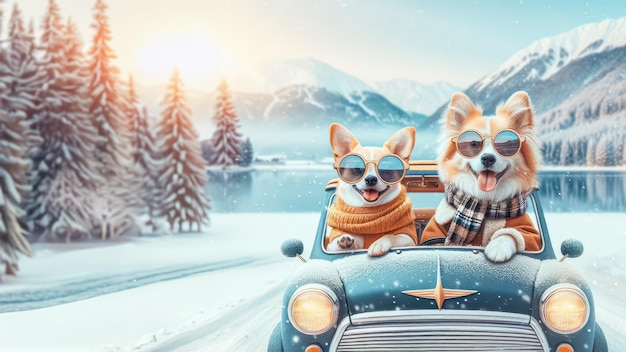 Winterferien-Hintergrund mit einem paar niedlichen Hunden, die mit dem Auto reisen