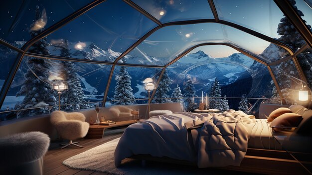 Winterferien in einem Glas-Igloo-Hotel mit großartigem Bergblick, Wald und Sternen.