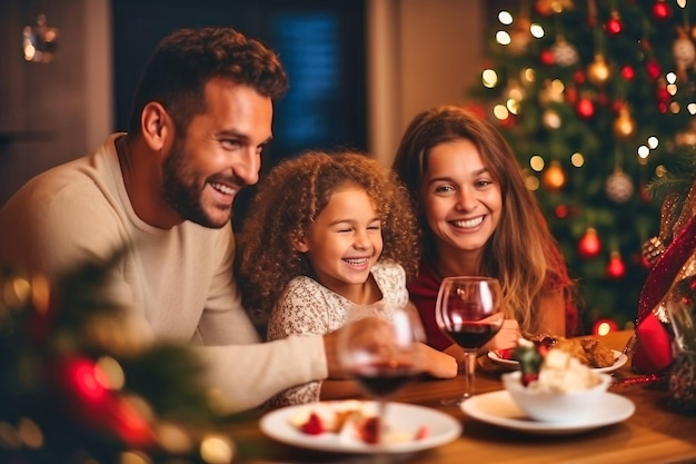 Winterferien und Menschenkonzept glückliche Familie am Tisch, die Weihnachten und Neujahr feiert Heimurlaub Verschwommener Hintergrund Selektiver Fokus