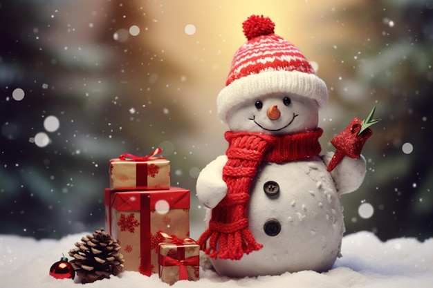 Winterferien Weihnachtsbaum und süßer weißer Bär im Weihnachtsmannhut mit Geschenkkastenhintergrund KI