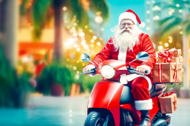 Winterferienkarte mit Hipster-Weihnachtsmann, der mit einem Geschenkbox-Scooter auf Miami-Hintergrund fährt