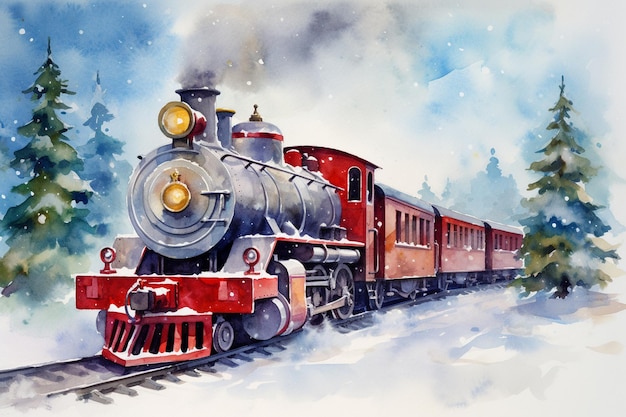 Winterferienkarte Weihnachtszug vor dem Hintergrund des Winterwaldes Aquarellillustration