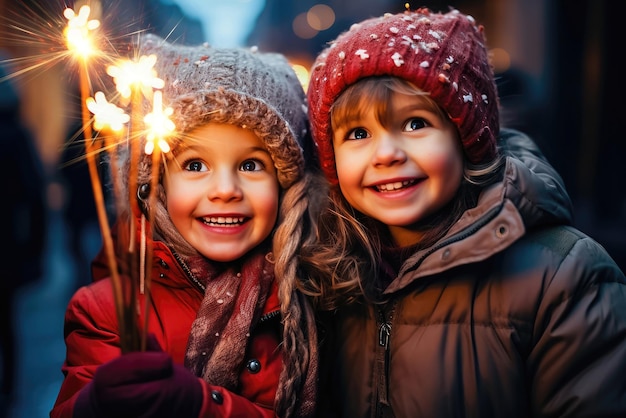 Winterfeste Kinder mit Wunderkerzen Generative KI